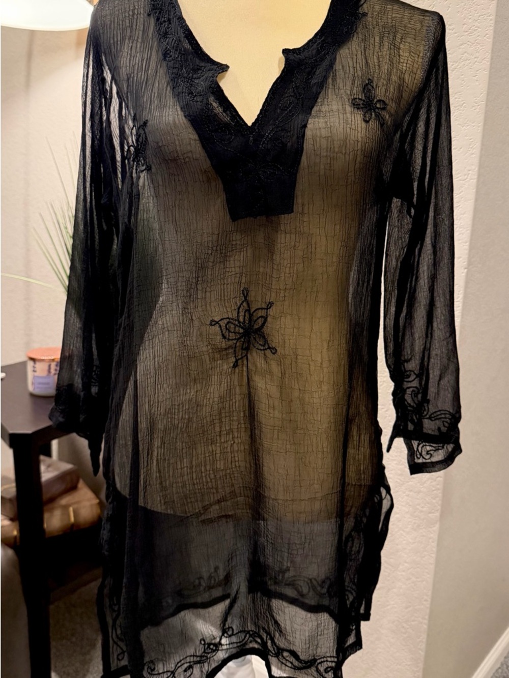 SURYA TARIK BATIK Sheer Black Embroidered Swim Coverup Tunic Boho Resort Medium